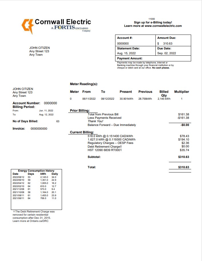 USA Cornwall Electric utility bill template in Word and PDF format